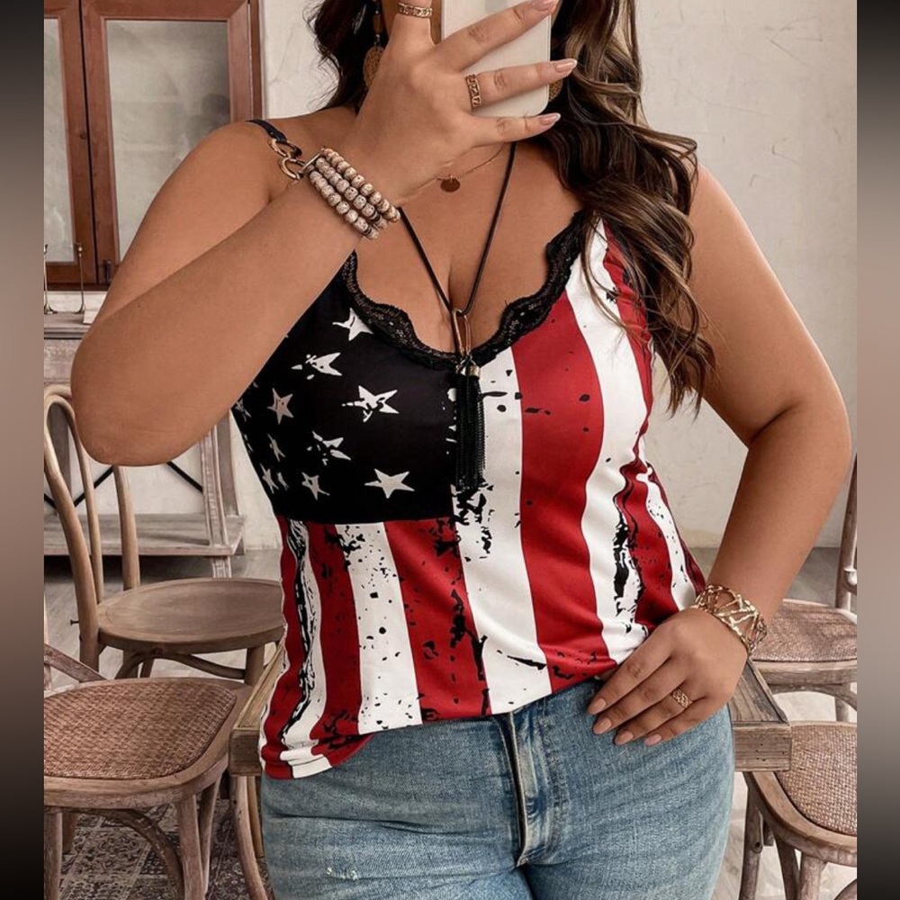 Plus Size Women Stars Stripe Print Mesh Lace Flag Printed Cami Tank Top